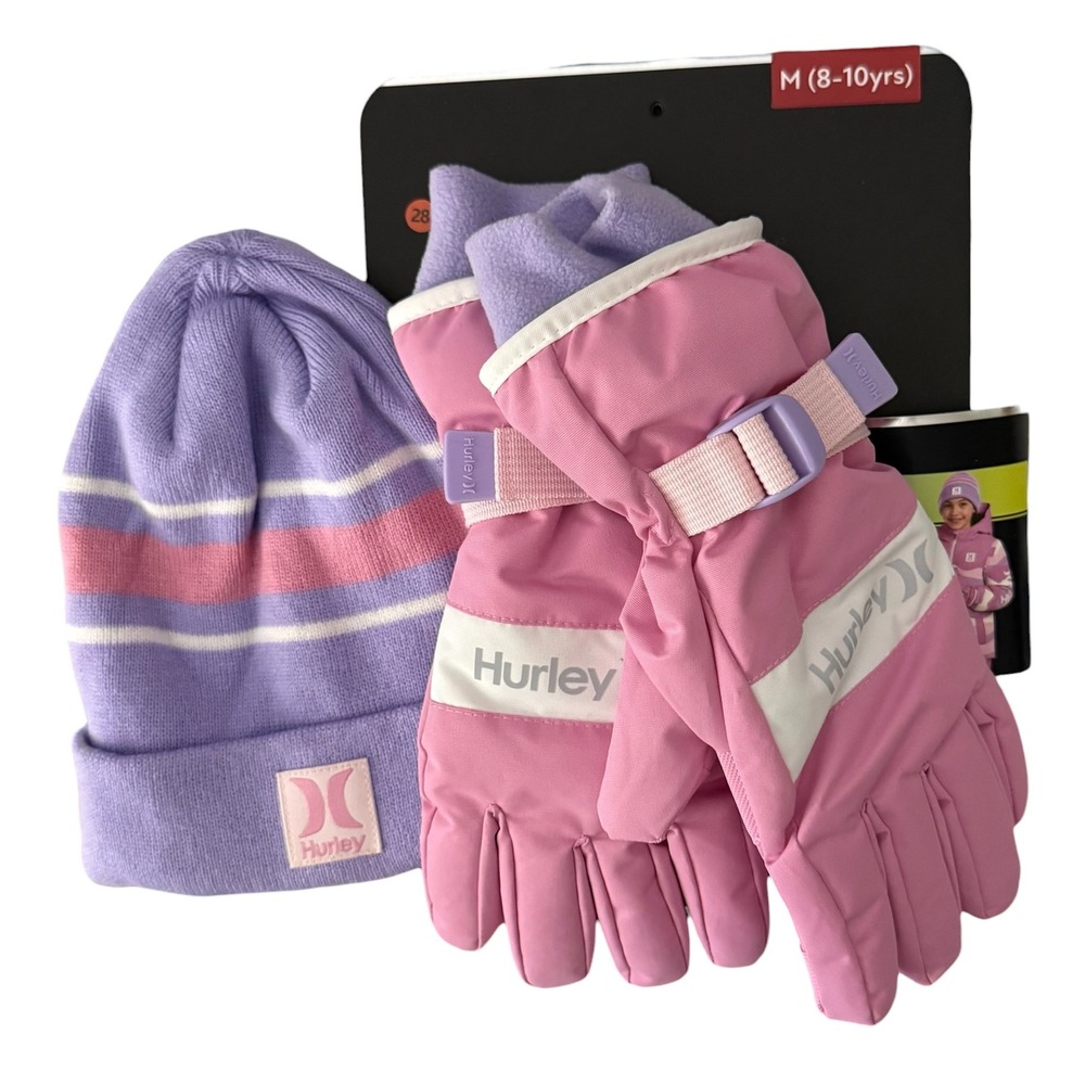 Hurley Youth Beanie & Ski Gloves 2-pc Winter Set Pink M 8-10 NWT
